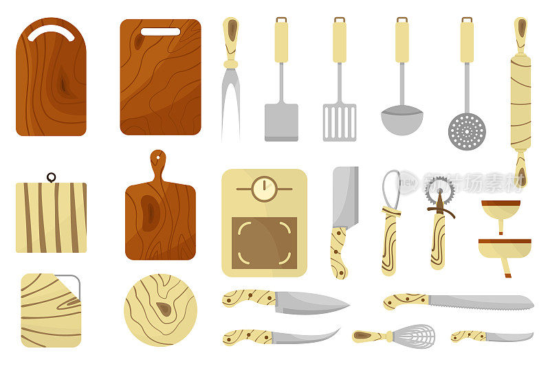 Mega collection of various kitchen utensils. Wooden cutting boards, knives, scale and kitchen tool icons